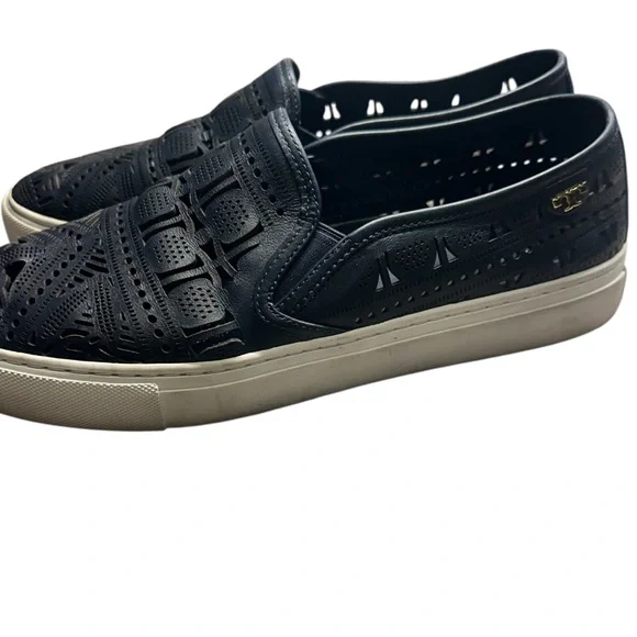 Tory Burch Lennon Dark Navy Blue Slip-On Loafers Lazer Cut Size 10 - Picture 2 of 9